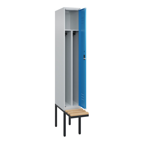 C+P Spind Classic PLUS, Bank, 1 Abteil, 2120x300x815mm, 7035/5012 Verschluss Zylinderschloss 4 Garderobenhaken Trennwand mittig  Sitzbanktyp auskragend