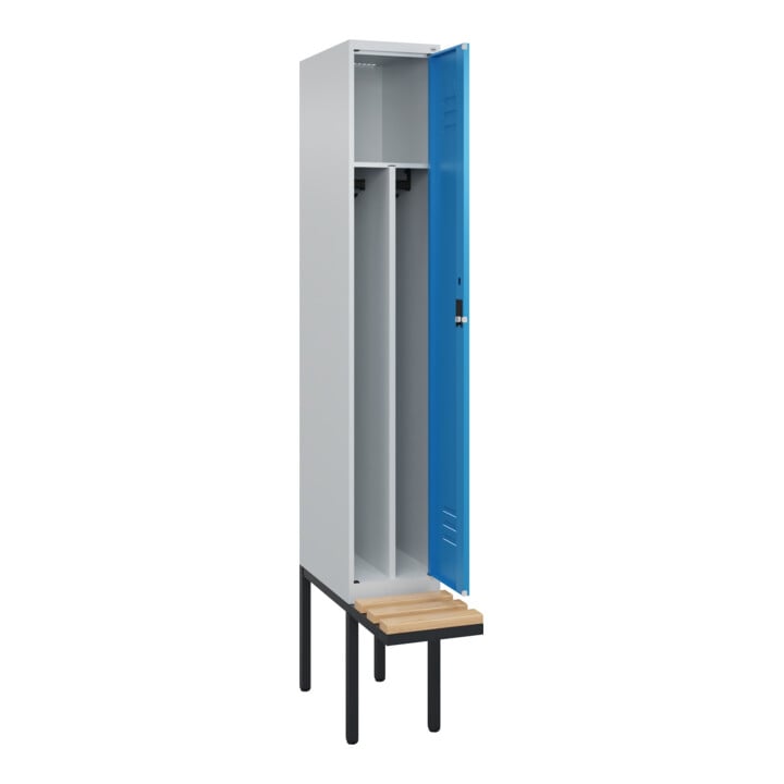 C+P Spind Classic PLUS, Bank, 1 Abteil, 2120x300x815mm, 7035/5012 Verschluss Zylinderschloss 4 Garderobenhaken Trennwand mittig  Sitzbanktyp auskragend