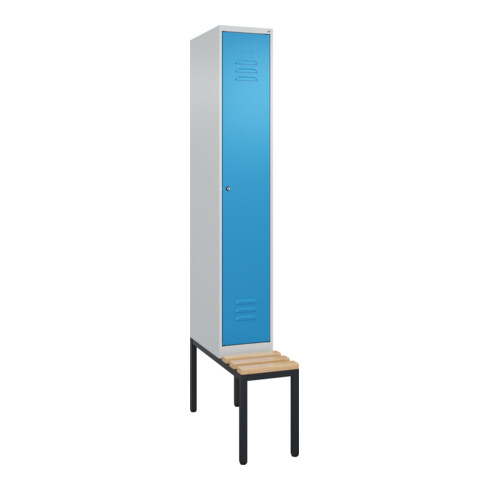 C+P Spind Classic PLUS, Bank, 1 Abteil, 2120x300x815mm, 7035/5012 Verschluss Zylinderschloss 4 Garderobenhaken Trennwand mittig  Sitzbanktyp untergebaut