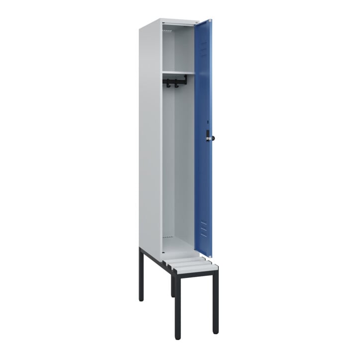 C+P Spind Classic PLUS, Bank, 1 Abteil, 2120x300x815mm, 7035/5023 Verschluss Sicherheits-Drehriegel 3 Garderobenhaken  Dekor Banklatten RAL 7035 Lichtgrau Sitzbanktyp untergebaut