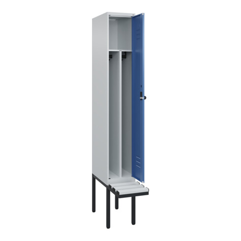 C+P Spind Classic PLUS, Bank, 1 Abteil, 2120x300x815mm, 7035/5023 Verschluss Sicherheits-Drehriegel 4 Garderobenhaken Trennwand mittig Dekor Banklatten RAL 7035 Lichtgrau Sitzbanktyp auskragend