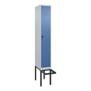 C+P Spind Classic PLUS, Bank, 1 Abteil, 2120x300x815mm, 7035/5023 Verschluss Sicherheits-Drehriegel 4 Garderobenhaken Trennwand mittig  Sitzbanktyp auskragend