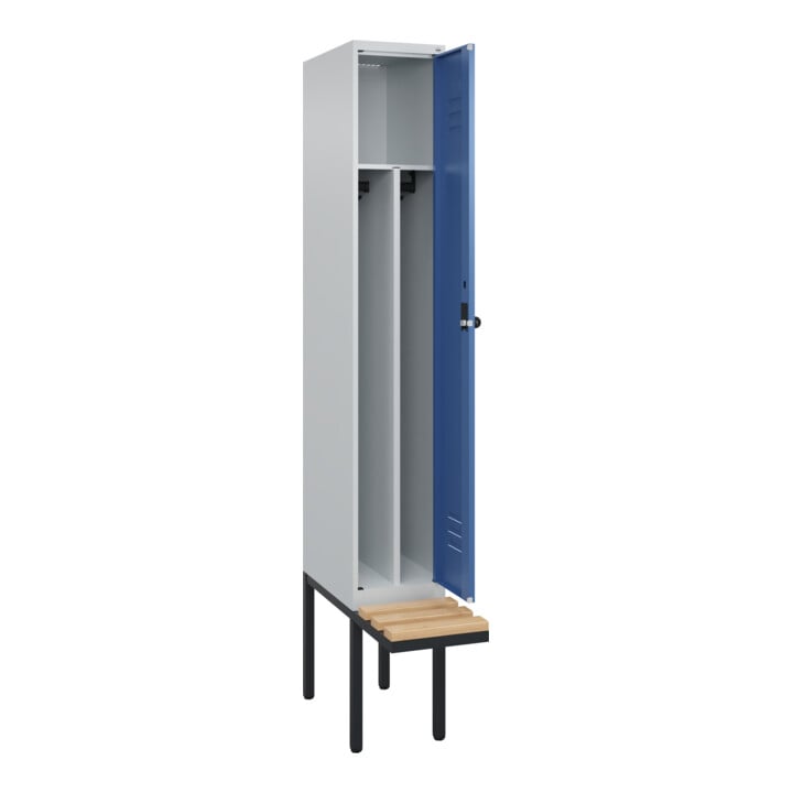 C+P Spind Classic PLUS, Bank, 1 Abteil, 2120x300x815mm, 7035/5023 Verschluss Sicherheits-Drehriegel 4 Garderobenhaken Trennwand mittig  Sitzbanktyp auskragend