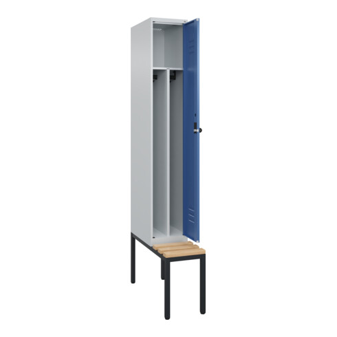 C+P Spind Classic PLUS, Bank, 1 Abteil, 2120x300x815mm, 7035/5023 Verschluss Sicherheits-Drehriegel 4 Garderobenhaken Trennwand mittig  Sitzbanktyp untergebaut