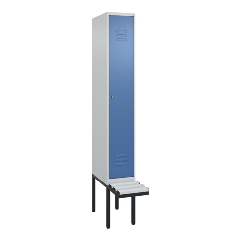 C+P Spind Classic PLUS, Bank, 1 Abteil, 2120x300x815mm, 7035/5023 Verschluss Zylinderschloss 3 Garderobenhaken  Dekor Banklatten RAL 7035 Lichtgrau Sitzbanktyp auskragend