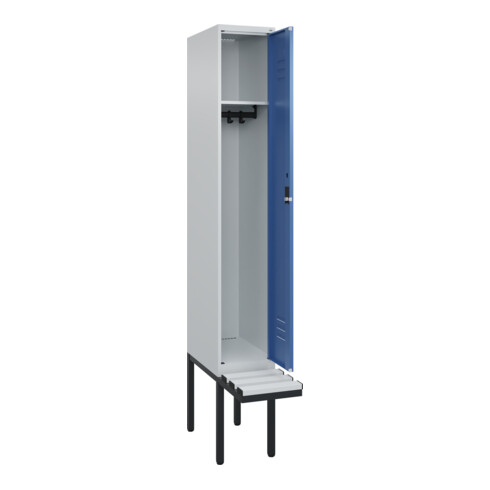 C+P Spind Classic PLUS, Bank, 1 Abteil, 2120x300x815mm, 7035/5023 Verschluss Zylinderschloss 3 Garderobenhaken  Dekor Banklatten RAL 7035 Lichtgrau Sitzbanktyp auskragend