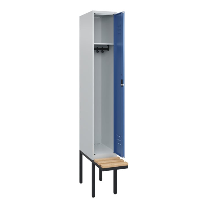 C+P Spind Classic PLUS, Bank, 1 Abteil, 2120x300x815mm, 7035/5023 Verschluss Zylinderschloss 3 Garderobenhaken   Sitzbanktyp auskragend