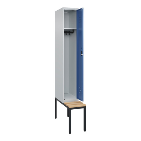 C+P Spind Classic PLUS, Bank, 1 Abteil, 2120x300x815mm, 7035/5023 Verschluss Zylinderschloss 3 Garderobenhaken   Sitzbanktyp untergebaut