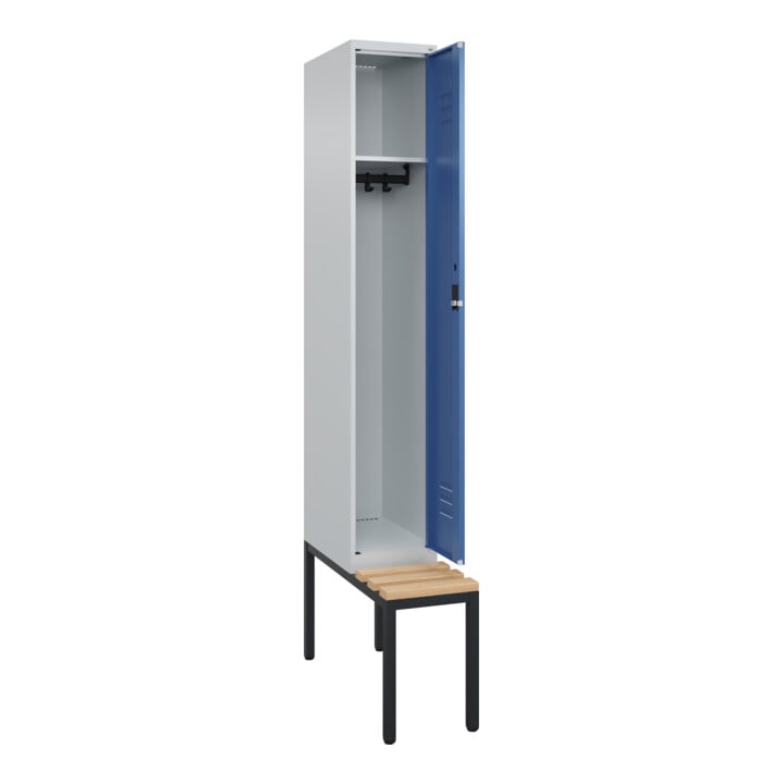 C+P Spind Classic PLUS, Bank, 1 Abteil, 2120x300x815mm, 7035/5023 Verschluss Zylinderschloss 3 Garderobenhaken   Sitzbanktyp untergebaut