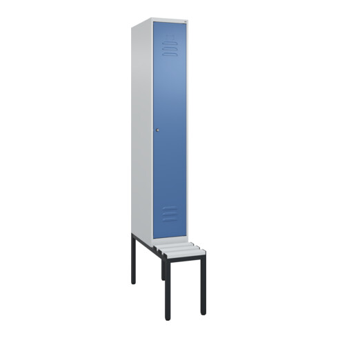 C+P Spind Classic PLUS, Bank, 1 Abteil, 2120x300x815mm, 7035/5023 Verschluss Zylinderschloss 4 Garderobenhaken Trennwand mittig Dekor Banklatten RAL 7035 Lichtgrau Sitzbanktyp untergebaut