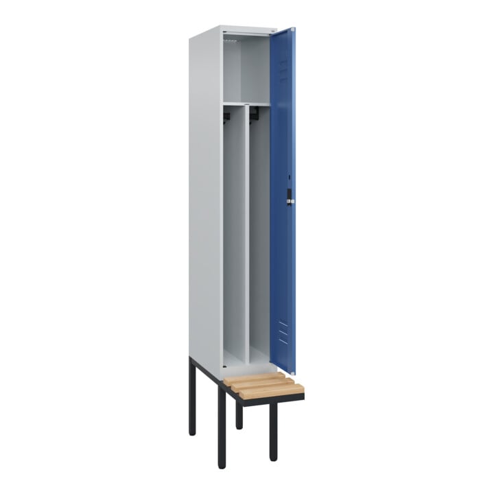 C+P Spind Classic PLUS, Bank, 1 Abteil, 2120x300x815mm, 7035/5023 Verschluss Zylinderschloss 4 Garderobenhaken Trennwand mittig  Sitzbanktyp auskragend