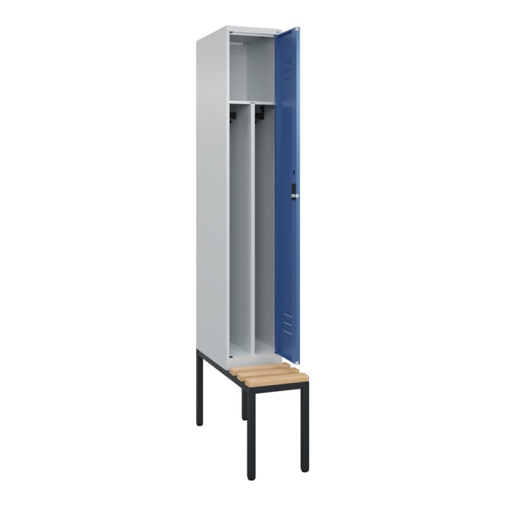 C+P Spind Classic PLUS, Bank, 1 Abteil, 2120x300x815mm, 7035/5023 Verschluss Zylinderschloss 4 Garderobenhaken Trennwand mittig  Sitzbanktyp untergebaut