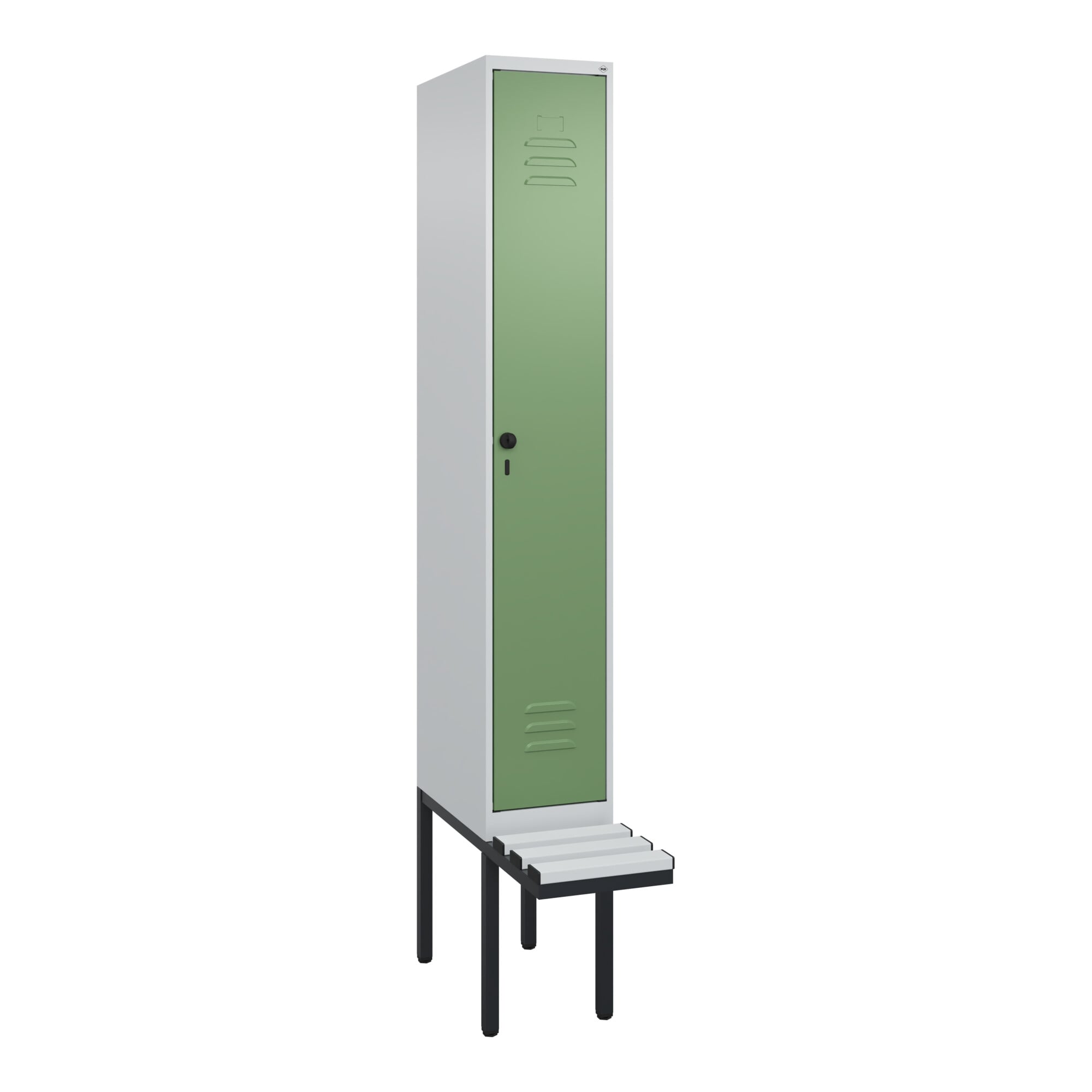 C+P Spind Classic PLUS, Bank, 1 Abteil, 2120x300x815mm, 7035/6011 Verschluss Sicherheits-Drehriegel 3 Garderobenhaken Dekor Banklatten RAL 7035 Licht