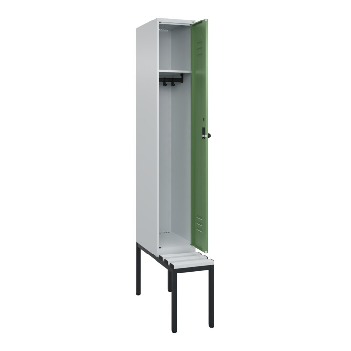 C+P Spind Classic PLUS, Bank, 1 Abteil, 2120x300x815mm, 7035/6011 Verschluss Sicherheits-Drehriegel 3 Garderobenhaken  Dekor Banklatten RAL 7035 Lichtgrau Sitzbanktyp untergebaut