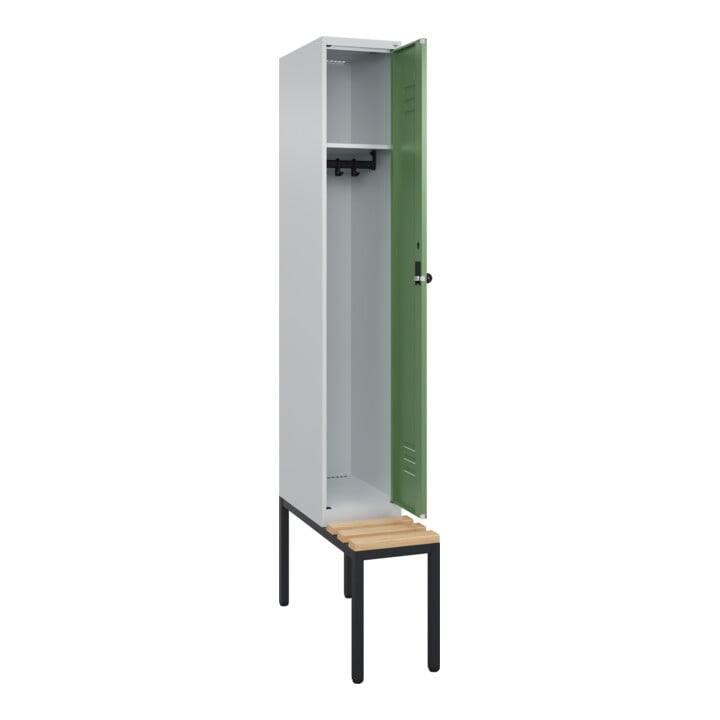 C+P Spind Classic PLUS, Bank, 1 Abteil, 2120x300x815mm, 7035/6011 Verschluss Sicherheits-Drehriegel 3 Garderobenhaken   Sitzbanktyp untergebaut
