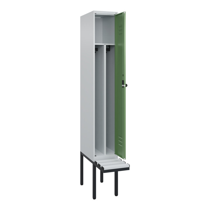 C+P Spind Classic PLUS, Bank, 1 Abteil, 2120x300x815mm, 7035/6011 Verschluss Sicherheits-Drehriegel 4 Garderobenhaken Trennwand mittig Dekor Banklatten RAL 7035 Lichtgrau Sitzbanktyp auskragend