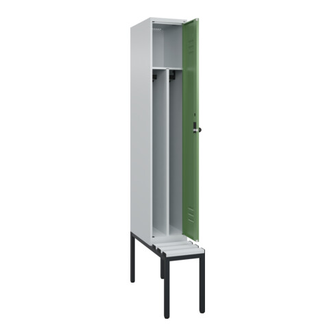 C+P Spind Classic PLUS, Bank, 1 Abteil, 2120x300x815mm, 7035/6011 Verschluss Sicherheits-Drehriegel 4 Garderobenhaken Trennwand mittig Dekor Banklatten RAL 7035 Lichtgrau Sitzbanktyp untergebaut