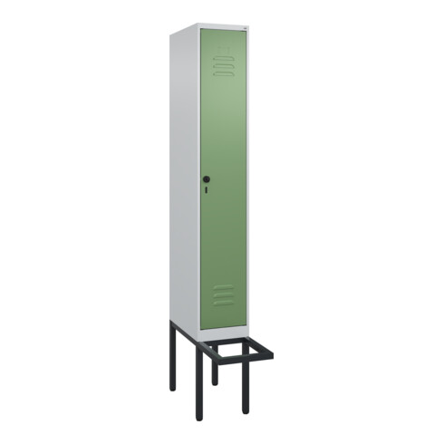 C+P Spind Classic PLUS, Bank, 1 Abteil, 2120x300x815mm, 7035/6011 Verschluss Sicherheits-Drehriegel 4 Garderobenhaken Trennwand mittig  Sitzbanktyp auskragend