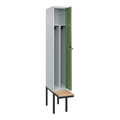 C+P Spind Classic PLUS, Bank, 1 Abteil, 2120x300x815mm, 7035/6011 Verschluss Sicherheits-Drehriegel 4 Garderobenhaken Trennwand mittig  Sitzbanktyp auskragend