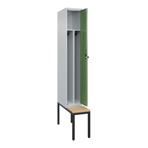 C+P Spind Classic PLUS, Bank, 1 Abteil, 2120x300x815mm, 7035/6011 Verschluss Sicherheits-Drehriegel 4 Garderobenhaken Trennwand mittig  Sitzbanktyp untergebaut