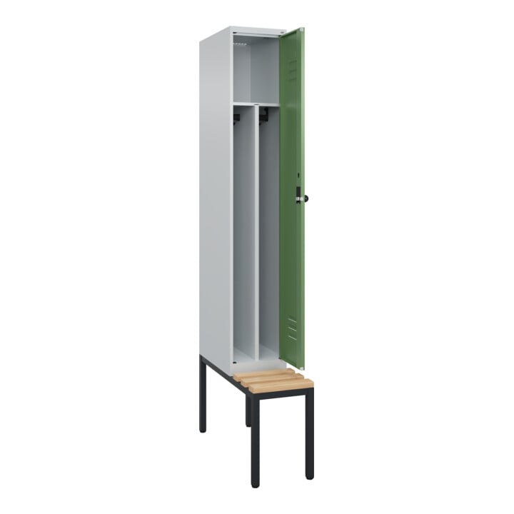 C+P Spind Classic PLUS, Bank, 1 Abteil, 2120x300x815mm, 7035/6011 Verschluss Sicherheits-Drehriegel 4 Garderobenhaken Trennwand mittig  Sitzbanktyp untergebaut