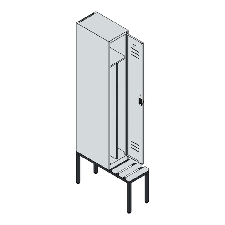 C+P Spind Classic PLUS, Bank, 1 Abteil, 2120x300x815mm, 7035/6011 Verschluss Sicherheits-Drehriegel 4 Garderobenhaken Trennwand mittig  Sitzbanktyp untergebaut