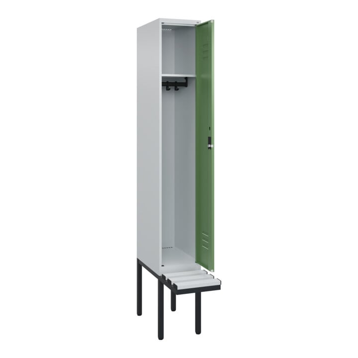 C+P Spind Classic PLUS, Bank, 1 Abteil, 2120x300x815mm, 7035/6011 Verschluss Zylinderschloss 3 Garderobenhaken  Dekor Banklatten RAL 7035 Lichtgrau Sitzbanktyp auskragend