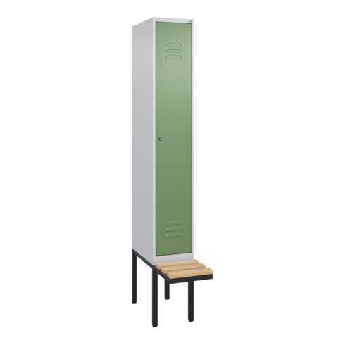C+P Spind Classic PLUS, Bank, 1 Abteil, 2120x300x815mm, 7035/6011 Verschluss Zylinderschloss 3 Garderobenhaken   Sitzbanktyp auskragend