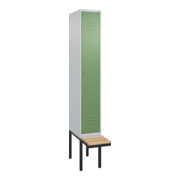 C+P Spind Classic PLUS, Bank, 1 Abteil, 2120x300x815mm, 7035/6011 Verschluss Zylinderschloss 3 Garderobenhaken   Sitzbanktyp auskragend