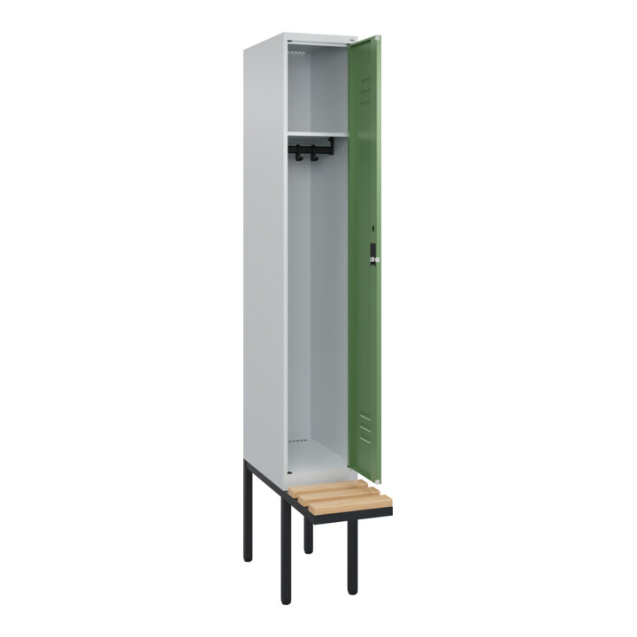 C+P Spind Classic PLUS, Bank, 1 Abteil, 2120x300x815mm, 7035/6011 Verschluss Zylinderschloss 3 Garderobenhaken   Sitzbanktyp auskragend