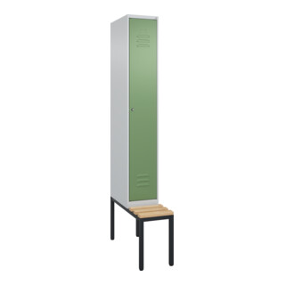 C+P Spind Classic PLUS, Bank, 1 Abteil, 2120x300x815mm, 7035/6011 Verschluss Zylinderschloss 3 Garderobenhaken   Sitzbanktyp untergebaut