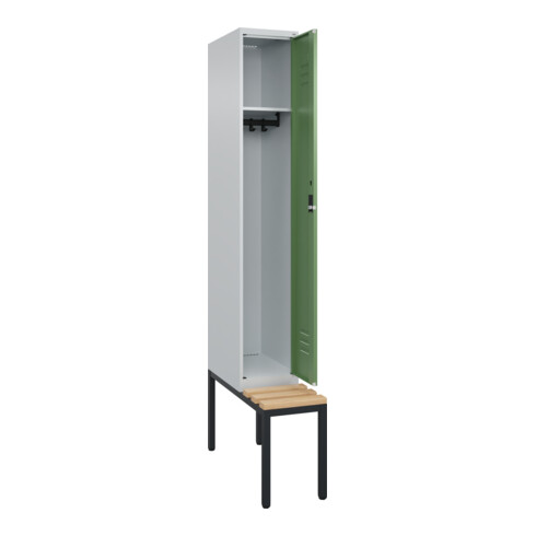 C+P Spind Classic PLUS, Bank, 1 Abteil, 2120x300x815mm, 7035/6011 Verschluss Zylinderschloss 3 Garderobenhaken   Sitzbanktyp untergebaut