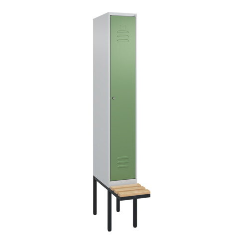 C+P Spind Classic PLUS, Bank, 1 Abteil, 2120x300x815mm, 7035/6011 Verschluss Zylinderschloss 4 Garderobenhaken Trennwand mittig  Sitzbanktyp auskragend