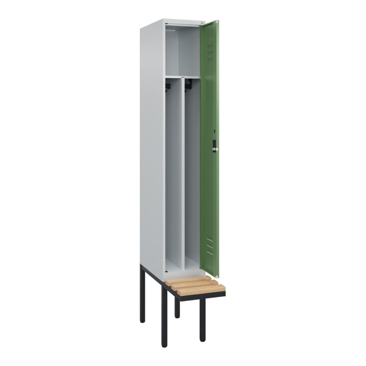 C+P Spind Classic PLUS, Bank, 1 Abteil, 2120x300x815mm, 7035/6011 Verschluss Zylinderschloss 4 Garderobenhaken Trennwand mittig  Sitzbanktyp auskragend