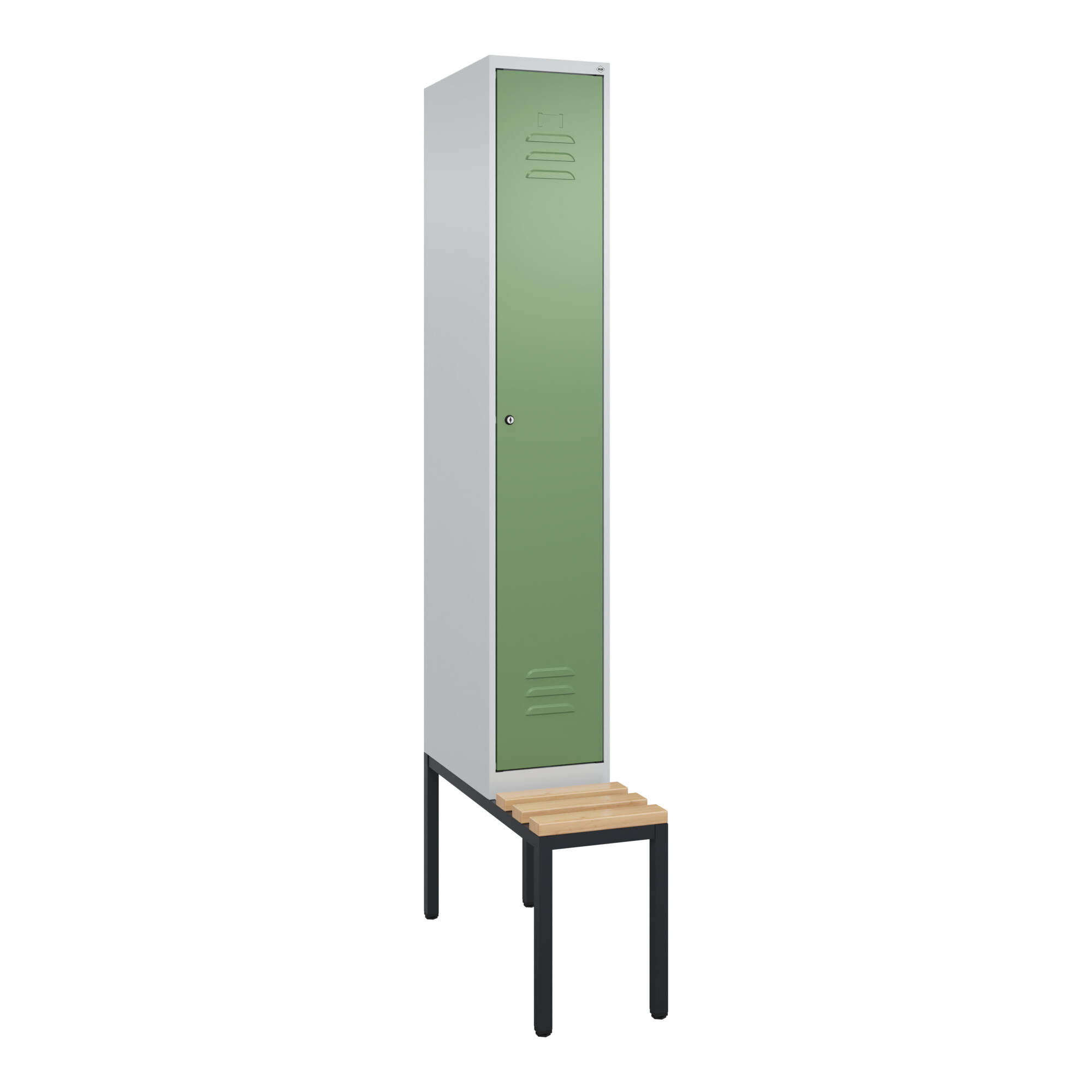 C+P Spind Classic PLUS, Bank, 1 Abteil, 2120x300x815mm, 7035/6011 Verschluss Zylinderschloss 4 Garderobenhaken Trennwand mittig Sitzbanktyp untergeba