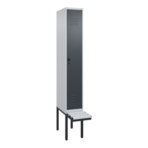 C+P Spind Classic PLUS, Bank, 1 Abteil, 2120x300x815mm, 7035/7016 Verschluss Sicherheits-Drehriegel 4 Garderobenhaken Trennwand mittig Dekor Banklatten RAL 7035 Lichtgrau Sitzbanktyp auskragend
