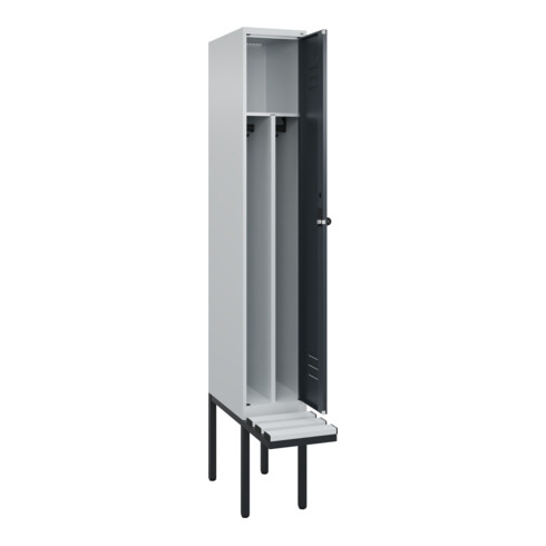 C+P Spind Classic PLUS, Bank, 1 Abteil, 2120x300x815mm, 7035/7016 Verschluss Sicherheits-Drehriegel 4 Garderobenhaken Trennwand mittig Dekor Banklatten RAL 7035 Lichtgrau Sitzbanktyp auskragend