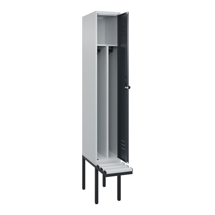 C+P Spind Classic PLUS, Bank, 1 Abteil, 2120x300x815mm, 7035/7016 Verschluss Sicherheits-Drehriegel 4 Garderobenhaken Trennwand mittig Dekor Banklatten RAL 7035 Lichtgrau Sitzbanktyp auskragend