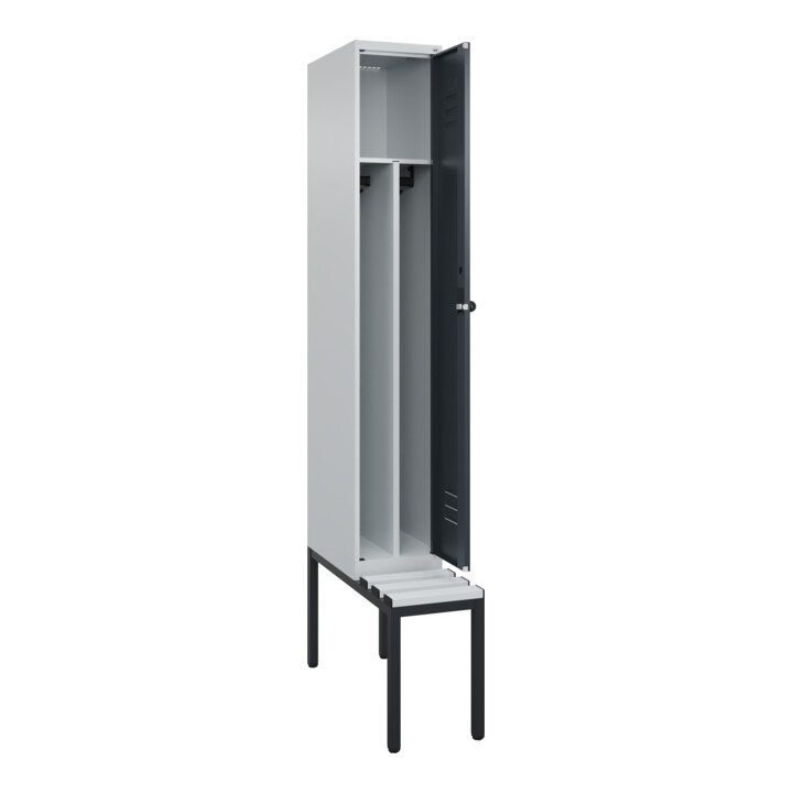 C+P Spind Classic PLUS, Bank, 1 Abteil, 2120x300x815mm, 7035/7016 Verschluss Sicherheits-Drehriegel 4 Garderobenhaken Trennwand mittig Dekor Banklatten RAL 7035 Lichtgrau Sitzbanktyp untergebaut