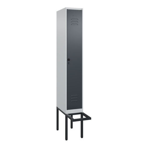 C+P Spind Classic PLUS, Bank, 1 Abteil, 2120x300x815mm, 7035/7016 Verschluss Sicherheits-Drehriegel 4 Garderobenhaken Trennwand mittig  Sitzbanktyp auskragend