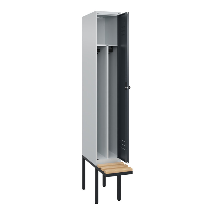 C+P Spind Classic PLUS, Bank, 1 Abteil, 2120x300x815mm, 7035/7016 Verschluss Sicherheits-Drehriegel 4 Garderobenhaken Trennwand mittig  Sitzbanktyp auskragend