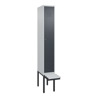C+P Spind Classic PLUS, Bank, 1 Abteil, 2120x300x815mm, 7035/7016 Verschluss Zylinderschloss 3 Garderobenhaken  Dekor Banklatten RAL 7035 Lichtgrau Sitzbanktyp auskragend