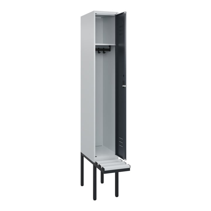 C+P Spind Classic PLUS, Bank, 1 Abteil, 2120x300x815mm, 7035/7016 Verschluss Zylinderschloss 3 Garderobenhaken  Dekor Banklatten RAL 7035 Lichtgrau Sitzbanktyp auskragend