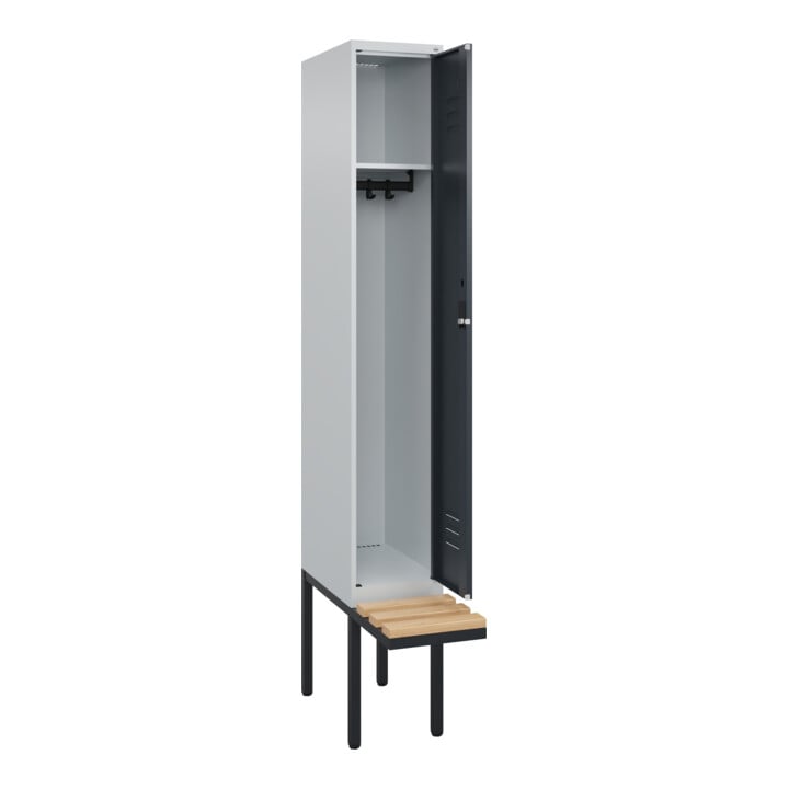 C+P Spind Classic PLUS, Bank, 1 Abteil, 2120x300x815mm, 7035/7016 Verschluss Zylinderschloss 3 Garderobenhaken   Sitzbanktyp auskragend