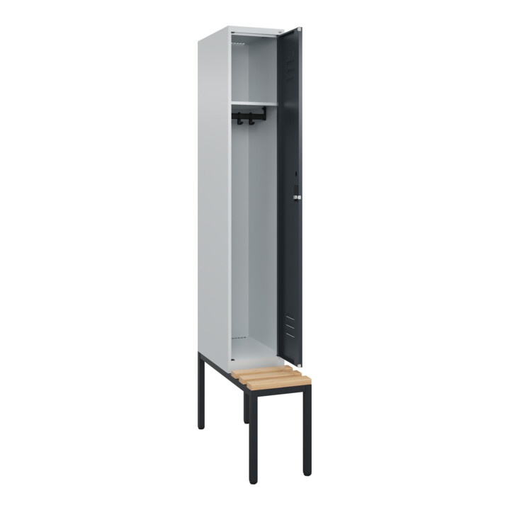 C+P Spind Classic PLUS, Bank, 1 Abteil, 2120x300x815mm, 7035/7016 Verschluss Zylinderschloss 3 Garderobenhaken   Sitzbanktyp untergebaut