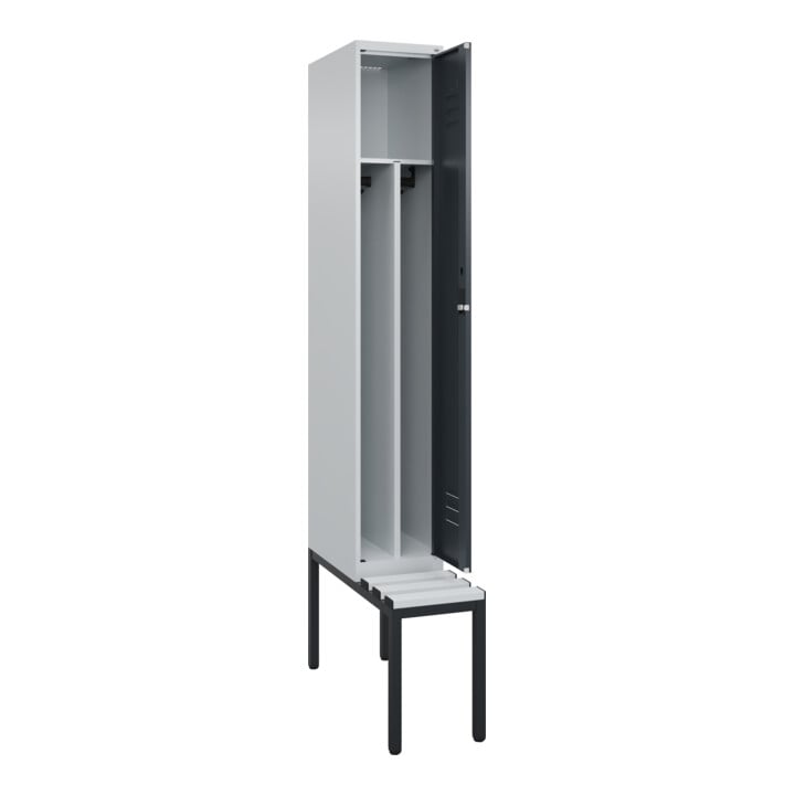 C+P Spind Classic PLUS, Bank, 1 Abteil, 2120x300x815mm, 7035/7016 Verschluss Zylinderschloss 4 Garderobenhaken Trennwand mittig Dekor Banklatten RAL 7035 Lichtgrau Sitzbanktyp untergebaut