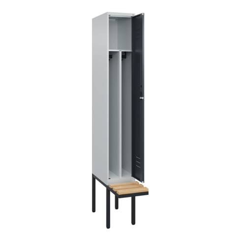 C+P Spind Classic PLUS, Bank, 1 Abteil, 2120x300x815mm, 7035/7016 Verschluss Zylinderschloss 4 Garderobenhaken Trennwand mittig  Sitzbanktyp auskragend