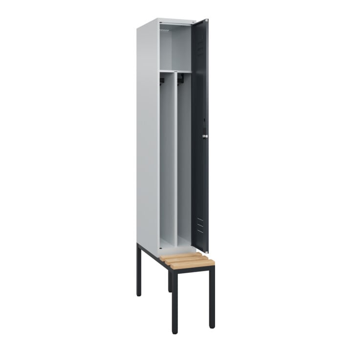 C+P Spind Classic PLUS, Bank, 1 Abteil, 2120x300x815mm, 7035/7016 Verschluss Zylinderschloss 4 Garderobenhaken Trennwand mittig  Sitzbanktyp untergebaut