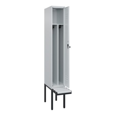 C+P Spind Classic PLUS, Bank, 1 Abteil, 2120x300x815mm, 7035/7035 Verschluss Sicherheits-Drehriegel 4 Garderobenhaken Trennwand mittig Dekor Banklatten RAL 7035 Lichtgrau Sitzbanktyp auskragend