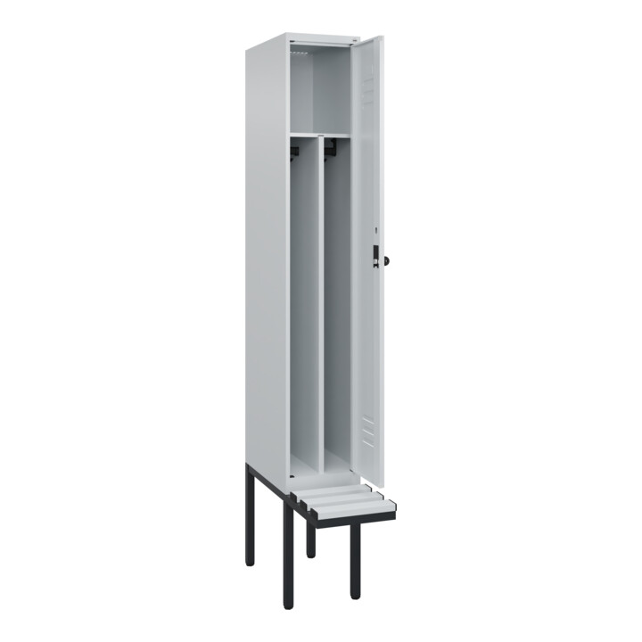 C+P Spind Classic PLUS, Bank, 1 Abteil, 2120x300x815mm, 7035/7035 Verschluss Sicherheits-Drehriegel 4 Garderobenhaken Trennwand mittig Dekor Banklatten RAL 7035 Lichtgrau Sitzbanktyp auskragend